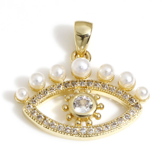 Immagine di 1 Pz Ottone Micro Intarsio Ciondoli Pendenti Occhi 18K Vero Oro Placcato Perla Imitato Acrilico Trasparente Cubic Zirconiae 19.5mm x 19mm