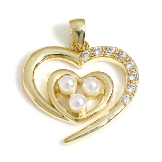 Immagine di 1 Pz Ottone San Valentino Ciondoli Pendenti Cuore 18K Vero Oro Placcato Perla Imitato Acrilico Trasparente Cubic Zirconiae 23.5mm x 19mm