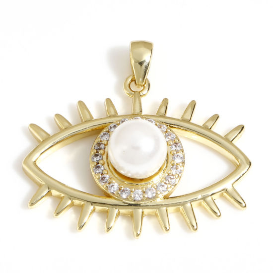 Immagine di 1 Pz Ottone Religione Ciondoli Pendenti Occhi 18K Vero Oro Placcato Occhio della Provvidenza/ Occhio che Tutto Vede Perla Imitato Acrilico Trasparente Cubic Zirconiae 26.5mm x 25mm