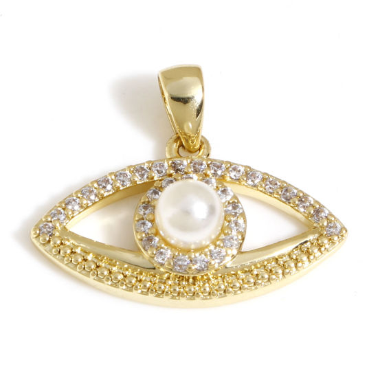 Immagine di 1 Pz Ottone Micro Intarsio Ciondoli Pendenti Occhi 18K Vero Oro Placcato Perla Imitato Acrilico Trasparente Cubic Zirconiae 20mm x 16mm