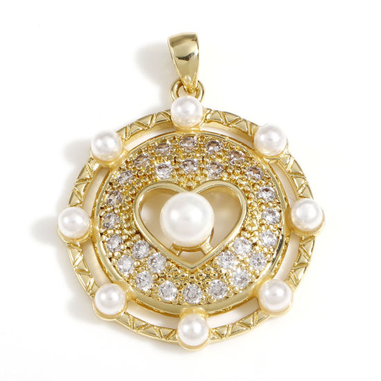 Immagine di Ottone San Valentino Ciondoli Tondo 18K Vero Oro Placcato Cuore Perla Imitato Acrilico Trasparente Cubic Zirconiae 3cm x 2.4cm, 1 Pz