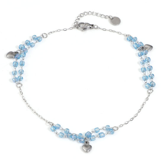 Picture of 1 Piece Stainless Steel & Glass Double Layer Handmade Link Chain Beaded Anklet Silver Tone Blue Heart 25cm(9 7/8") long