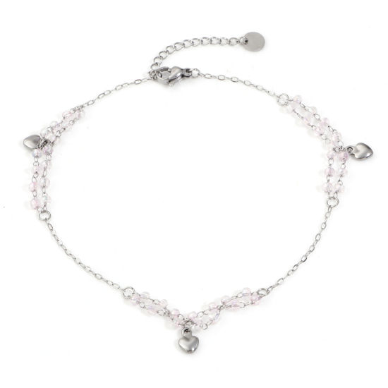 Picture of 1 Piece Stainless Steel & Glass Double Layer Handmade Link Chain Beaded Anklet Silver Tone Light Pink Heart 25cm(9 7/8") long
