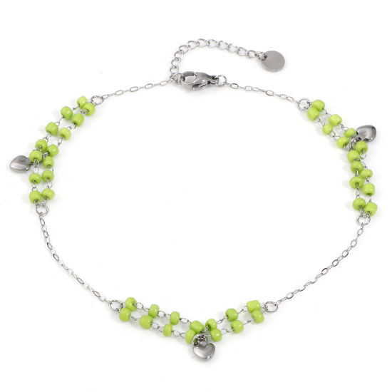 Picture of 1 Piece Stainless Steel & Glass Double Layer Handmade Link Chain Beaded Anklet Silver Tone Green Heart 25cm(9 7/8") long