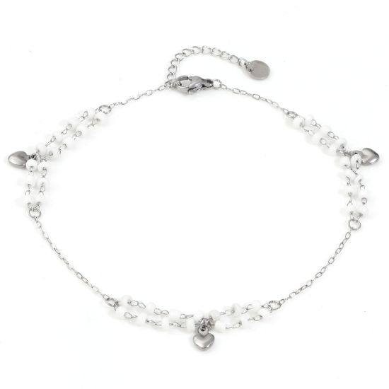 Picture of 1 Piece Stainless Steel & Glass Double Layer Handmade Link Chain Beaded Anklet Silver Tone White Heart 25cm(9 7/8") long