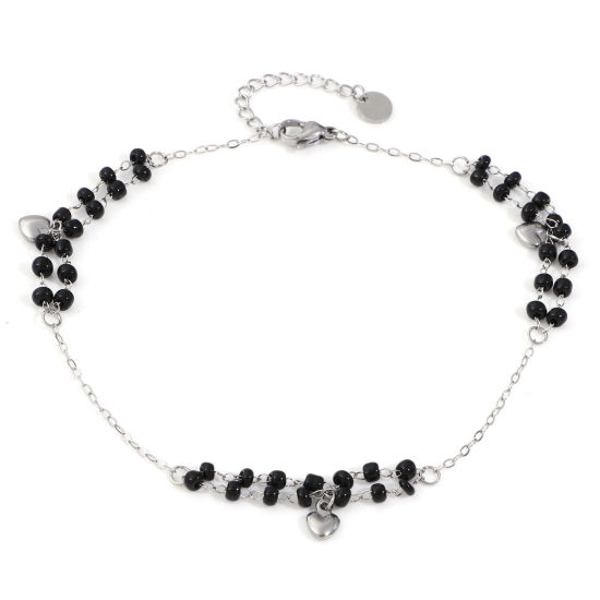 Picture of 1 Piece Stainless Steel & Glass Double Layer Handmade Link Chain Beaded Anklet Silver Tone Black Heart 25cm(9 7/8") long