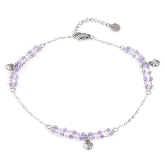 Picture of 1 Piece Stainless Steel & Glass Double Layer Handmade Link Chain Beaded Anklet Silver Tone Purple Heart 25cm(9 7/8") long