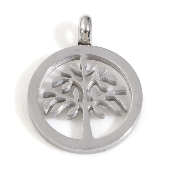 Picture of 2 PCs 304 Stainless Steel Charms Silver Tone Round Tree of Life Hollow 17mm x 13mm