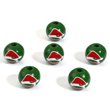 Image de Perles pour DIY Fabrication de Bijoux en Bois Naturel Rond Vert Chapeau de Noël 16mm Dia, Trou: env. 3.6mm, 20 Pcs