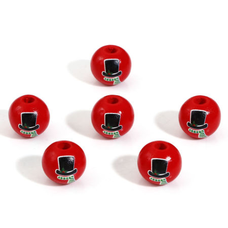 Image de Perles pour DIY Fabrication de Bijoux en Bois Naturel Rond Rouge Chapeau de Noël 16mm Dia, Trou: env. 3.6mm, 20 Pcs
