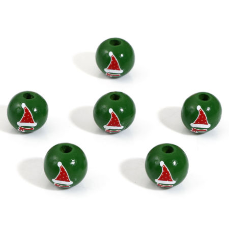 Image de Perles pour DIY Fabrication de Bijoux en Bois Naturel Rond Vert Chapeau de Noël 16mm Dia, Trou: env. 3.6mm, 20 Pcs
