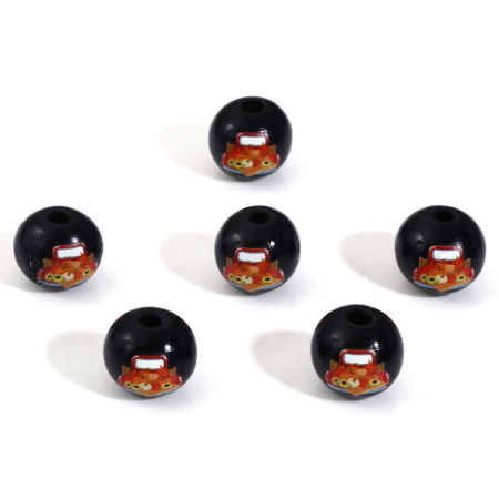 Image de Perles pour DIY Fabrication de Bijoux en Bois Naturel Rond Noir Halloween Citrouille 16mm Dia, Trou: env. 3.6mm, 20 Pcs