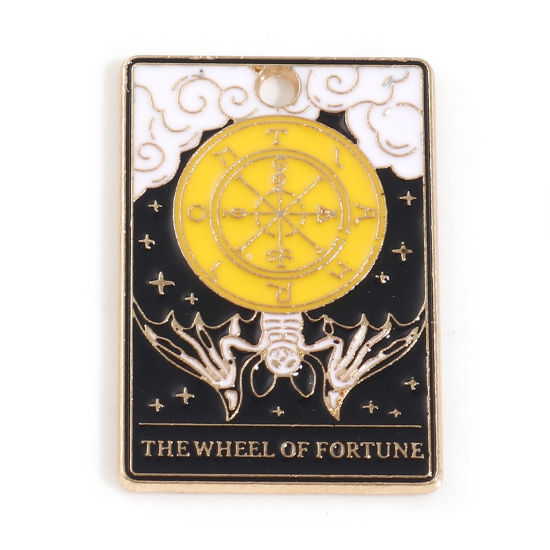 Bild von Zinklegierung Tarot Charms Vergoldet Bunt Rechteck Wolke Message " THE WHEEL OF FORTUNE " Emaille 28mm x 19mm, 5 Stück