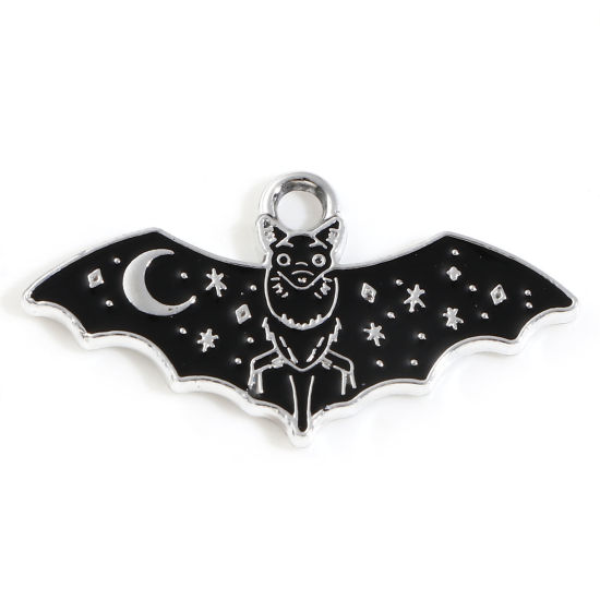 Picture of 10 PCs Zinc Based Alloy Charms Silver Tone Black Halloween Bat Animal Moon Enamel 26mm x 14mm