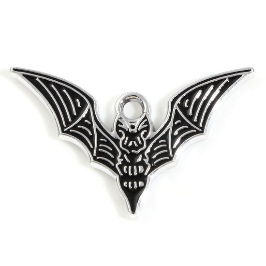 Picture of 10 PCs Zinc Based Alloy Charms Silver Tone Black Halloween Bat Animal Enamel 26mm x 17mm