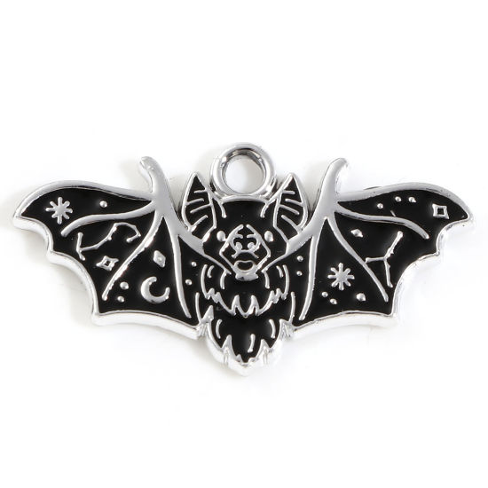 Picture of 10 PCs Zinc Based Alloy Charms Silver Tone Black Halloween Bat Animal Star Enamel 26mm x 14mm