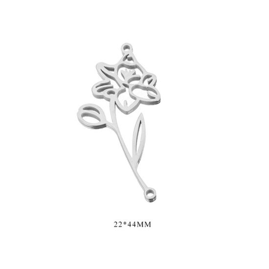 Immagine di 304 Acciaio Inossidabile Fiore del Mese di Nascita Pendenti Charms Connettori Tono Argento Dicembre 22mm x 44mm, 2 Pz