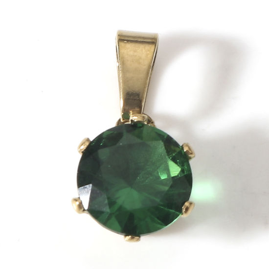 Изображение 2 ШТ Экологичное вакуумное PVD-покрытие 304 Нержавеющая Сталь Подвески Круглые 18K позолоченный Темно-зеленый Горный Хрусталь 17мм x 8мм