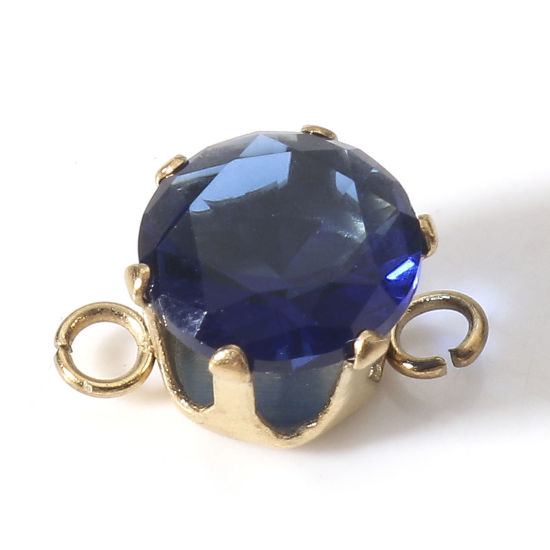 Picture of 2 PCs Eco-friendly PVD Vacuum Plating 304 Stainless Steel & Cubic Zirconia Connectors Charms Pendants 18K Gold Plated Royal Blue Round 12mm x 8mm