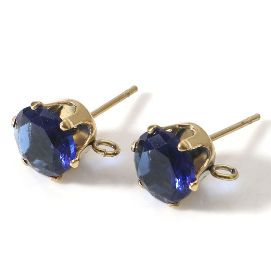 Immagine di 2 Pz Placcatura Sottovuoto PVD Ecologica 304 Acciaio Inossidabile & Zircone Cubico Orecchino a Bottone per Orecchio con Accessori per Connettori ad Anello Tondo Placcato Oro 18K Blu Marino 11mm x 8mm, Posta/Filo Dimensione: (21 misura)