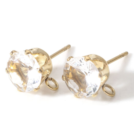 Immagine di 2 Pz Placcatura Sottovuoto PVD Ecologica 304 Acciaio Inossidabile & Zircone Cubico Orecchino a Bottone per Orecchio con Accessori per Connettori ad Anello Tondo Placcato Oro 18K Trasparente 11mm x 8mm, Posta/Filo Dimensione: (21 misura)