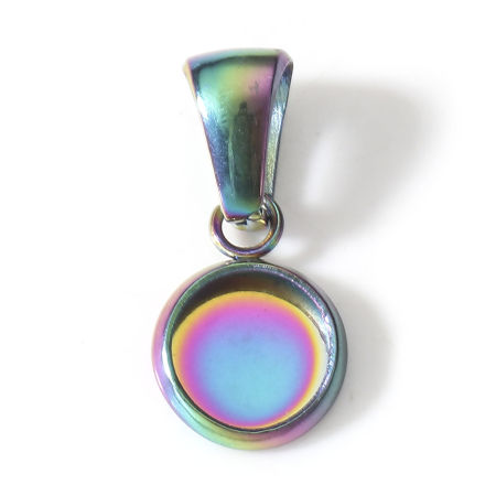 Picture of 5 PCs Eco-friendly PVD Vacuum Plating 304 Stainless Steel Disc Charm Pendant Rainbow Color Plated Round Cabochon Settings (Fits 6mm Dia.) 16mm x 8mm