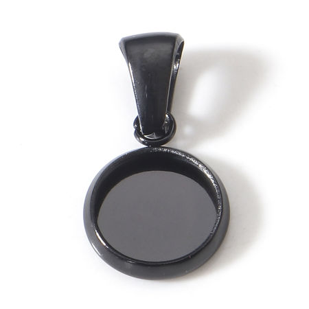 Picture of 5 PCs Eco-friendly PVD Vacuum Plating 304 Stainless Steel Disc Charm Pendant Black Round Cabochon Settings (Fits 8mm Dia.) 18mm x 10mm