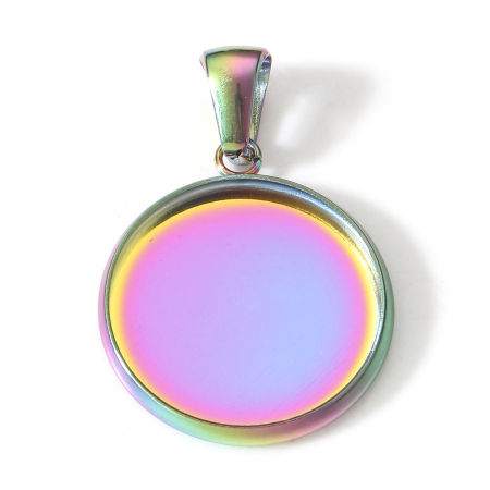 Picture of 5 PCs Eco-friendly PVD Vacuum Plating 304 Stainless Steel Disc Charm Pendant Rainbow Color Plated Round Cabochon Settings (Fits 16mm Dia.) 26mm x 18mm