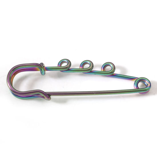 Picture of 2 PCs Vacuum Plating 304 Stainless Steel Safety Pin Brooches Rainbow Color Plated 5cm x 1.6cm