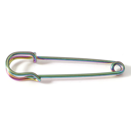 Picture of 2 PCs Vacuum Plating 304 Stainless Steel Safety Pin Brooches Rainbow Color Plated 5cm x 1.4cm