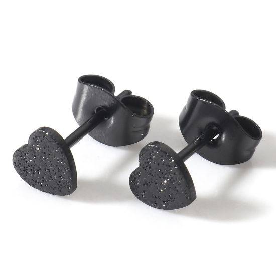 Picture of 10 PCs Eco-friendly PVD Vacuum Plating 304 Stainless Steel Ear Post Stud Earrings Black Heart Sparkledust 5mm x 5mm, Post/ Wire Size: (20 gauge)