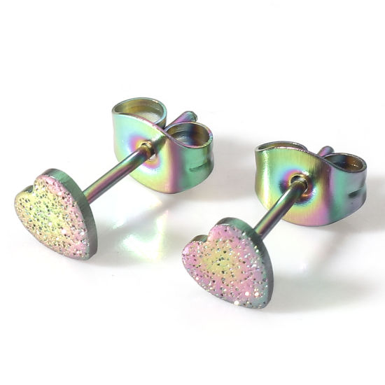 Picture of 10 PCs Eco-friendly PVD Vacuum Plating 304 Stainless Steel Ear Post Stud Earrings Rainbow Color Plated Heart Sparkledust 5mm x 5mm, Post/ Wire Size: (20 gauge)