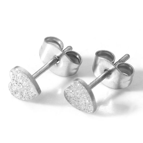 Picture of 304 Stainless Steel Ear Post Stud Earrings Silver Tone Heart Sparkledust 5mm x 5mm, Post/ Wire Size: (20 gauge), 10 PCs