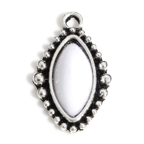Picture of Zinc Based Alloy Boho Chic Bohemia Charms Antique Silver Color White Marquise With Resin Cabochons Imitation Turquoise 23mm x 14mm, 10 PCs