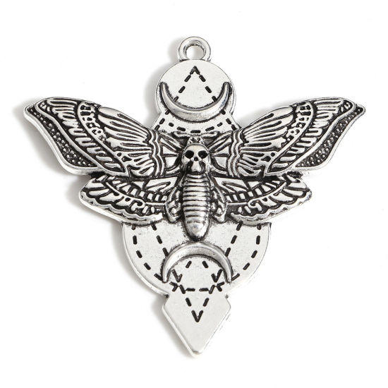 Picture of Zinc Based Alloy Halloween Pendants Antique Silver Color Moth Skull 4.9cm x 4.8cm, 10 PCs