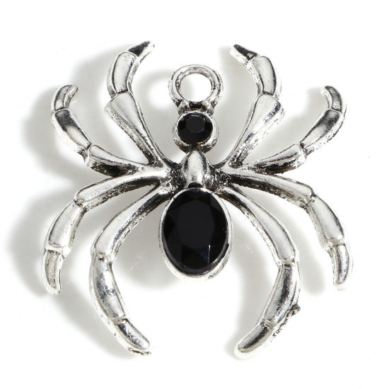 Picture of Zinc Based Alloy Halloween Charms Antique Silver Color Halloween Spider Animal Black Rhinestone 3.1cm x 2.8cm, 10 PCs