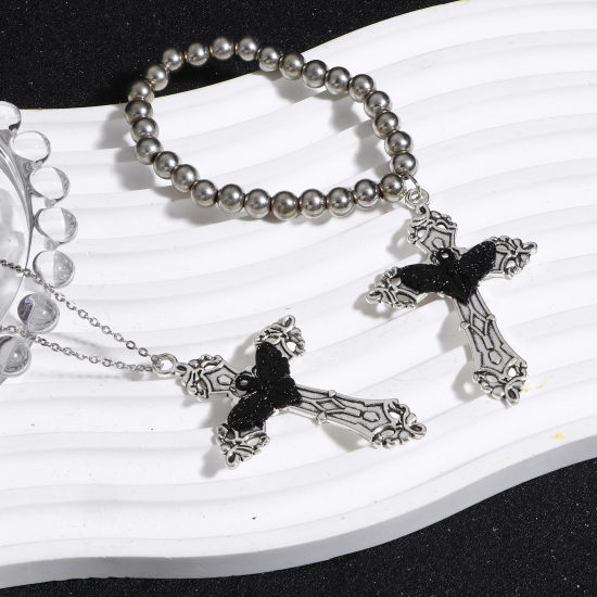 Imagen de Zamak Colgantes Plata Antigua Negro Cruz Polilla 5.5cm x 3.6cm, 5 Unidades