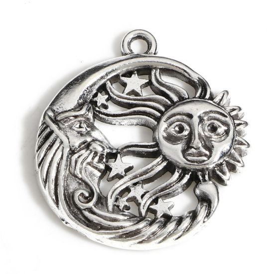 Picture of Zinc Based Alloy Galaxy Charms Antique Silver Color Sun And Moon Face Hollow 23.5mm x 21mm, 20 PCs