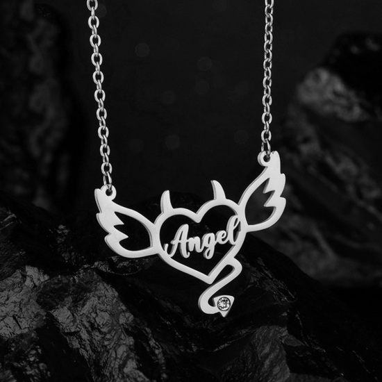 Picture of 1 Piece 304 Stainless Steel Customized Name Necklace Personalized Letter Pendant Halloween Devil Heart Silver Tone 45cm(17 6/8") long