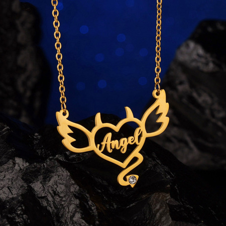 Picture of 1 Piece 304 Stainless Steel Customized Name Necklace Personalized Letter Charm Pendant Halloween Devil Heart Gold Plated 45cm(17.7") long