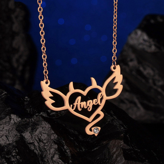 Picture of 1 Piece 304 Stainless Steel Customized Name Necklace Personalized Letter Pendant Halloween Devil Heart Rose Gold 45cm(17 6/8") long