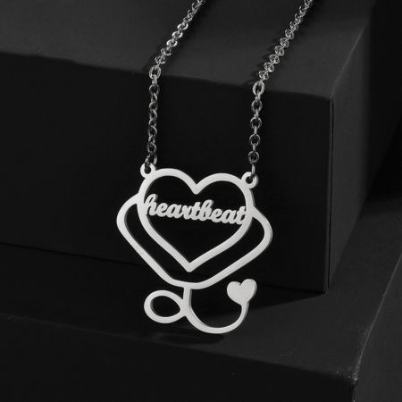 Picture of 1 Piece 304 Stainless Steel Customized Name Necklace Personalized Letter Charm Pendant Heart Silver Tone 45cm(17.7") long