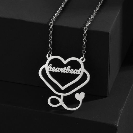 Picture of 1 Piece 304 Stainless Steel Customized Name Necklace Personalized Letter Pendant Heart Silver Tone 45cm(17 6/8") long