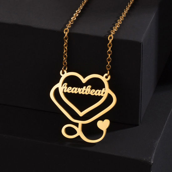 Picture of 1 Piece 304 Stainless Steel Customized Name Necklace Personalized Letter Pendant Heart Gold Plated 45cm(17 6/8") long