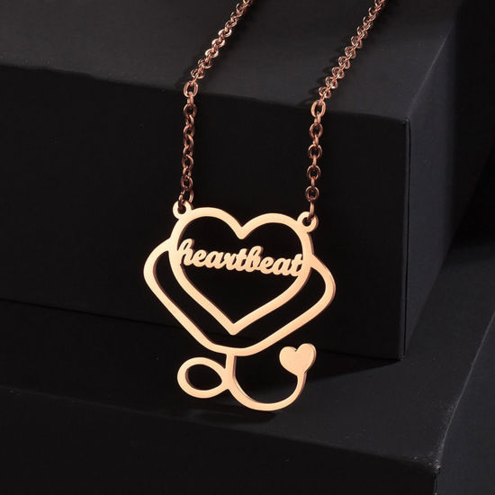 Picture of 1 Piece 304 Stainless Steel Customized Name Necklace Personalized Letter Pendant Heart Rose Gold 45cm(17 6/8") long