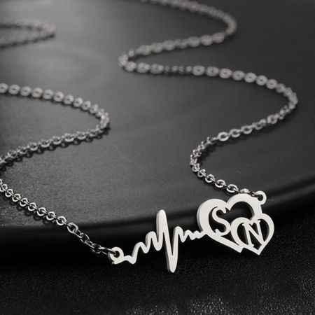 Picture of 1 Piece 304 Stainless Steel Customized Name Necklace Personalized Letter Charm Pendant Heartbeat/ Electrocardiogram Silver Tone 45cm(17.7") long
