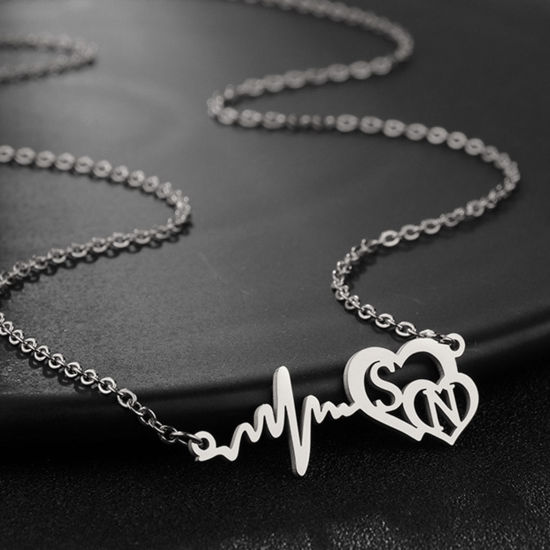 Picture of 1 Piece 304 Stainless Steel Customized Name Necklace Personalized Letter Pendant Heartbeat/ Electrocardiogram Silver Tone 45cm(17 6/8") long