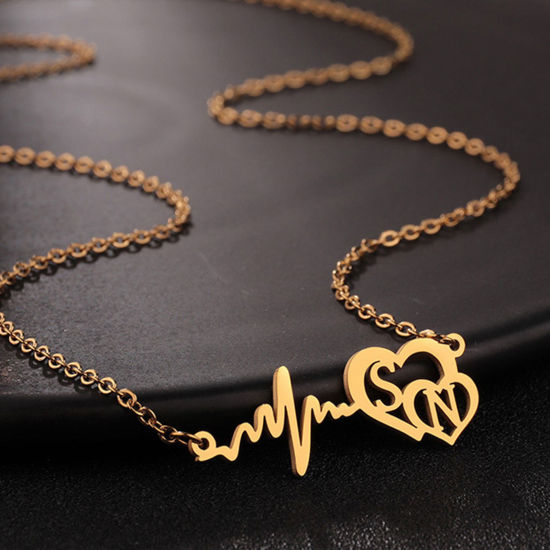 Picture of 1 Piece 304 Stainless Steel Customized Name Necklace Personalized Letter Pendant Heartbeat/ Electrocardiogram Gold Plated 45cm(17 6/8") long