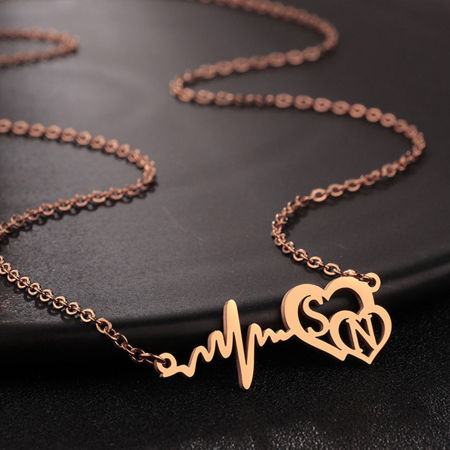 Picture of 1 Piece 304 Stainless Steel Customized Name Necklace Personalized Letter Charm Pendant Heartbeat/ Electrocardiogram Rose Gold 45cm(17.7") long