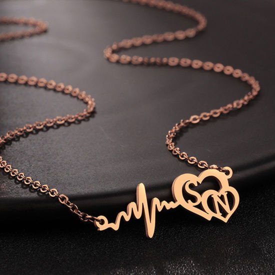 Picture of 1 Piece 304 Stainless Steel Customized Name Necklace Personalized Letter Pendant Heartbeat/ Electrocardiogram Rose Gold 45cm(17 6/8") long